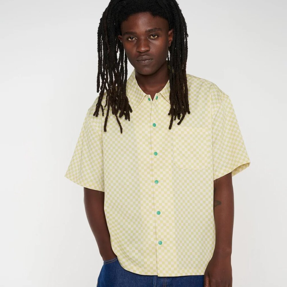 Brain Dead Micro Check Short Sleeve Snap Shirt - Keylime, Sz. Medium